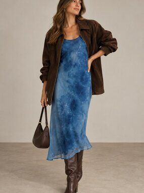 Y2K Vintage Monochrome Bright Blue Tie Dye Tank Dress Midi Slip Dress Chiffon